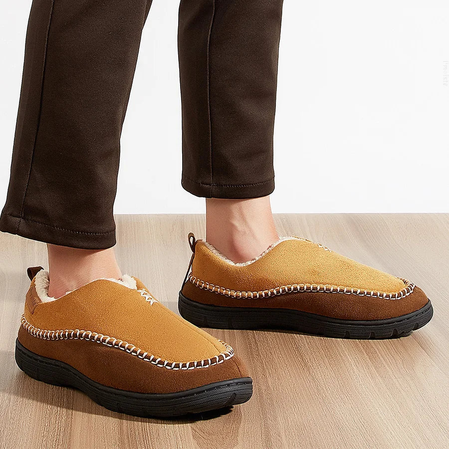 House Slippers For Men Sewing Patchwork Memory Foam Indoor Outdoor Shoes Warm Plush Street Winter Slippers Non-Slip Big Size