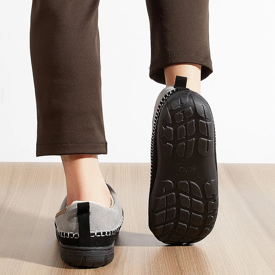 House Slippers For Men Sewing Patchwork Memory Foam Indoor Outdoor Shoes Warm Plush Street Winter Slippers Non-Slip Big Size