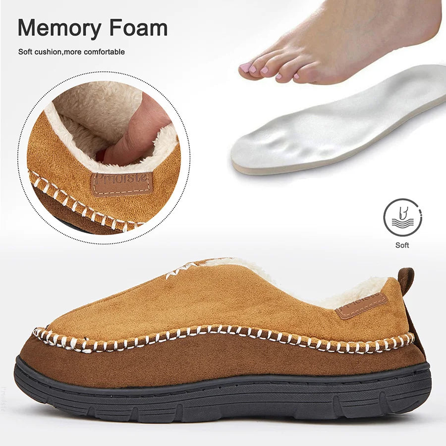 House Slippers For Men Sewing Patchwork Memory Foam Indoor Outdoor Shoes Warm Plush Street Winter Slippers Non-Slip Big Size