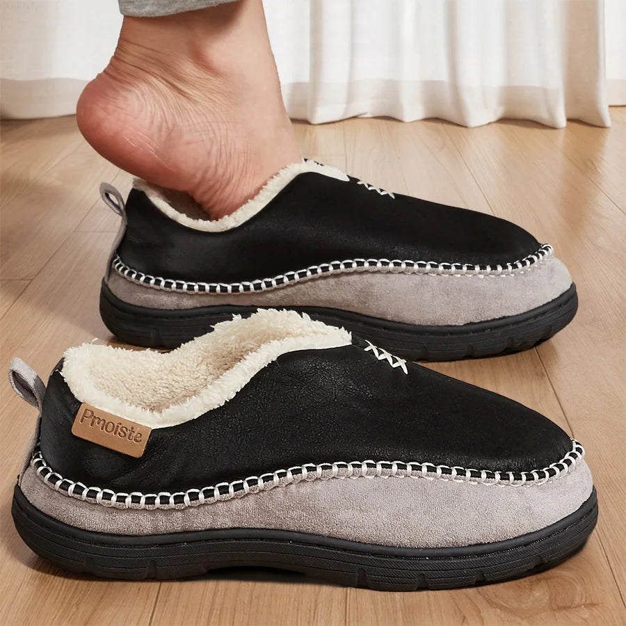 House Slippers For Men Sewing Patchwork Memory Foam Indoor Outdoor Shoes Warm Plush Street Winter Slippers Non-Slip Big Size