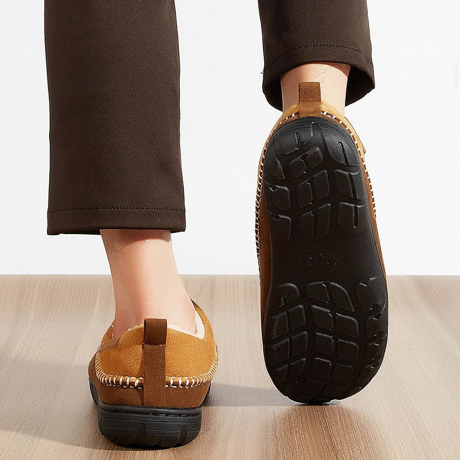 House Slippers For Men Sewing Patchwork Memory Foam Indoor Outdoor Shoes Warm Plush Street Winter Slippers Non-Slip Big Size