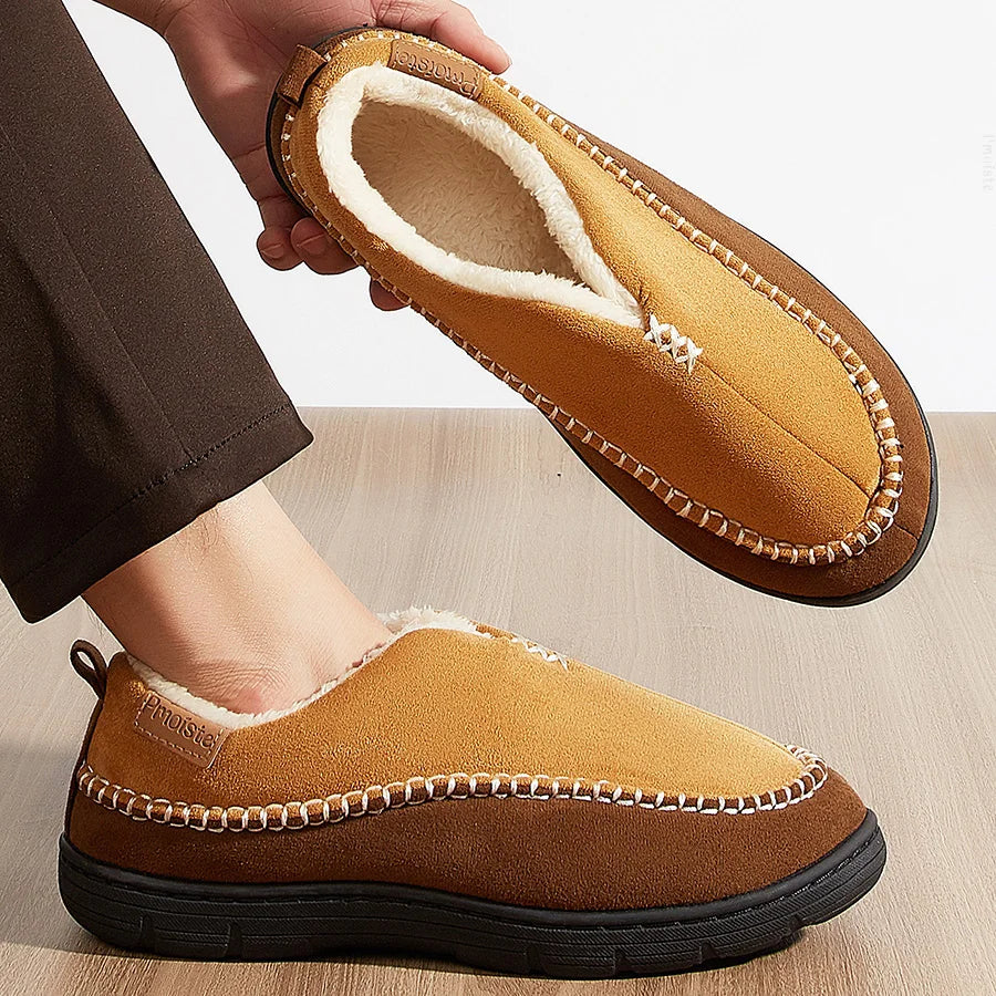 House Slippers For Men Sewing Patchwork Memory Foam Indoor Outdoor Shoes Warm Plush Street Winter Slippers Non-Slip Big Size