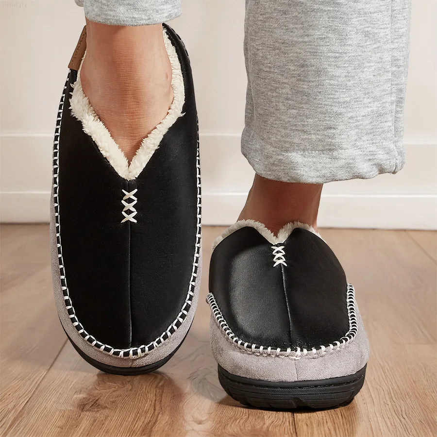 House Slippers For Men Sewing Patchwork Memory Foam Indoor Outdoor Shoes Warm Plush Street Winter Slippers Non-Slip Big Size