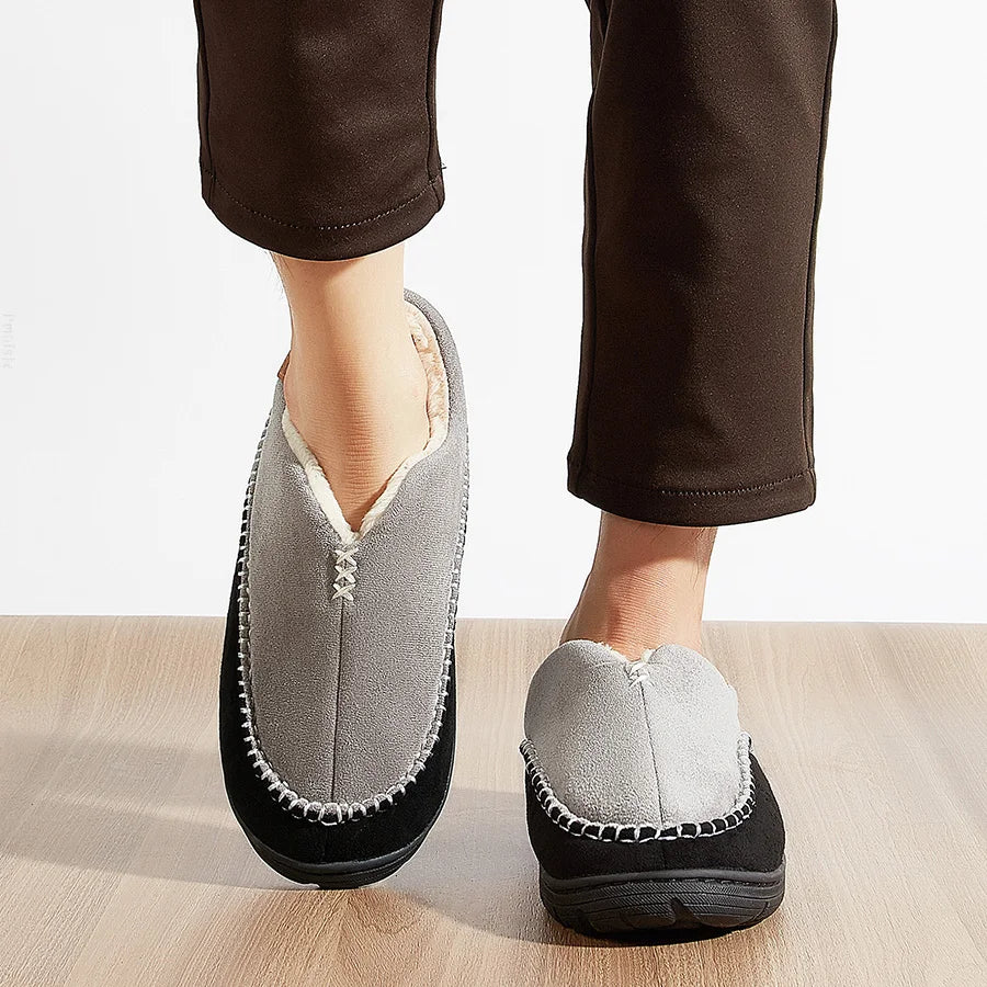 House Slippers For Men Sewing Patchwork Memory Foam Indoor Outdoor Shoes Warm Plush Street Winter Slippers Non-Slip Big Size
