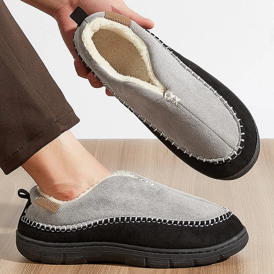House Slippers For Men Sewing Patchwork Memory Foam Indoor Outdoor Shoes Warm Plush Street Winter Slippers Non-Slip Big Size