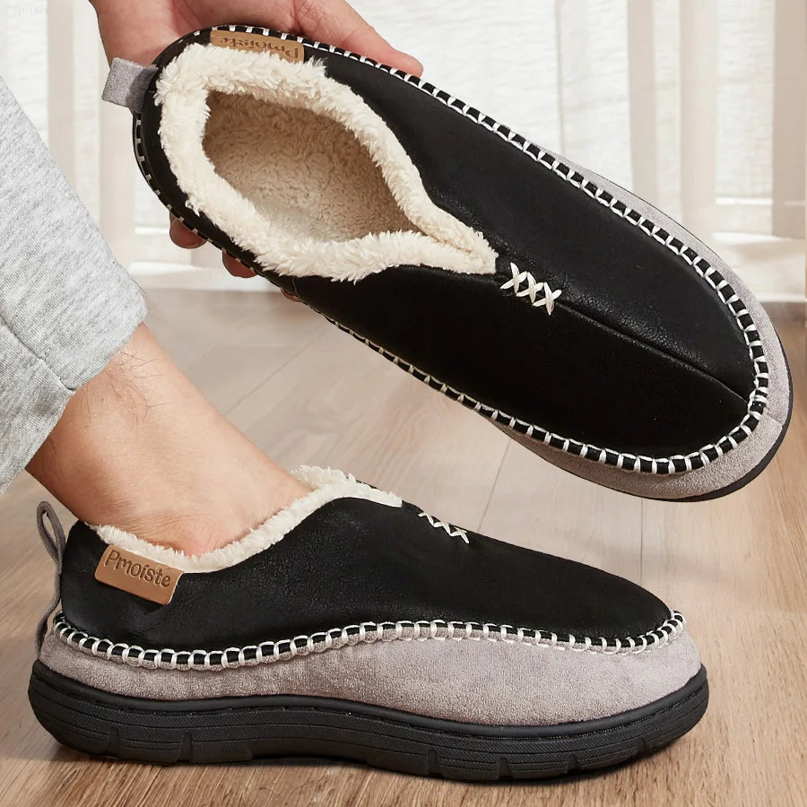 House Slippers For Men Sewing Patchwork Memory Foam Indoor Outdoor Shoes Warm Plush Street Winter Slippers Non-Slip Big Size