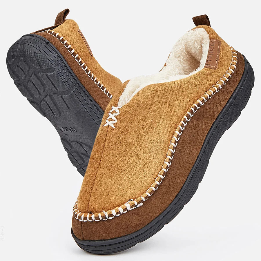 House Slippers For Men Sewing Patchwork Memory Foam Indoor Outdoor Shoes Warm Plush Street Winter Slippers Non-Slip Big Size