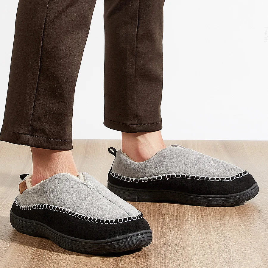 House Slippers For Men Sewing Patchwork Memory Foam Indoor Outdoor Shoes Warm Plush Street Winter Slippers Non-Slip Big Size