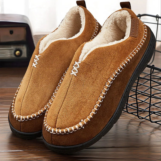 House Slippers For Men Sewing Patchwork Memory Foam Indoor Outdoor Shoes Warm Plush Street Winter Slippers Non-Slip Big Size