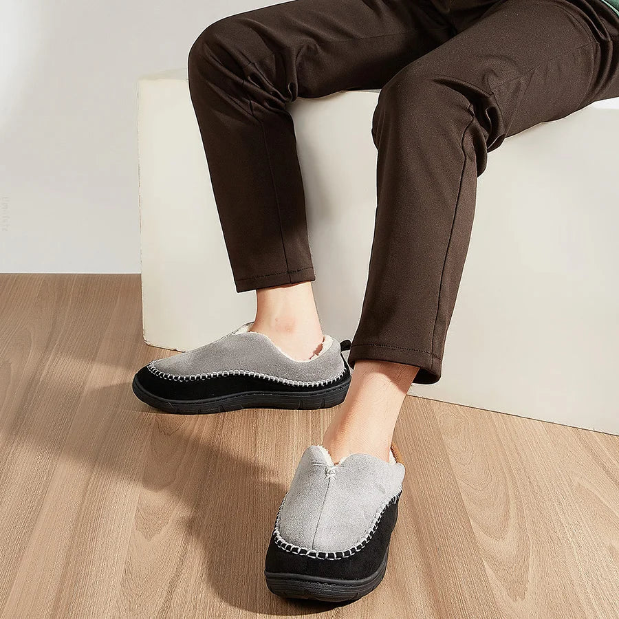 House Slippers For Men Sewing Patchwork Memory Foam Indoor Outdoor Shoes Warm Plush Street Winter Slippers Non-Slip Big Size