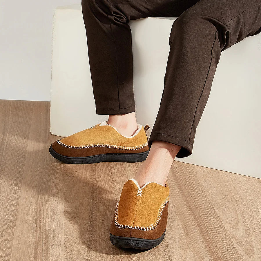 House Slippers For Men Sewing Patchwork Memory Foam Indoor Outdoor Shoes Warm Plush Street Winter Slippers Non-Slip Big Size