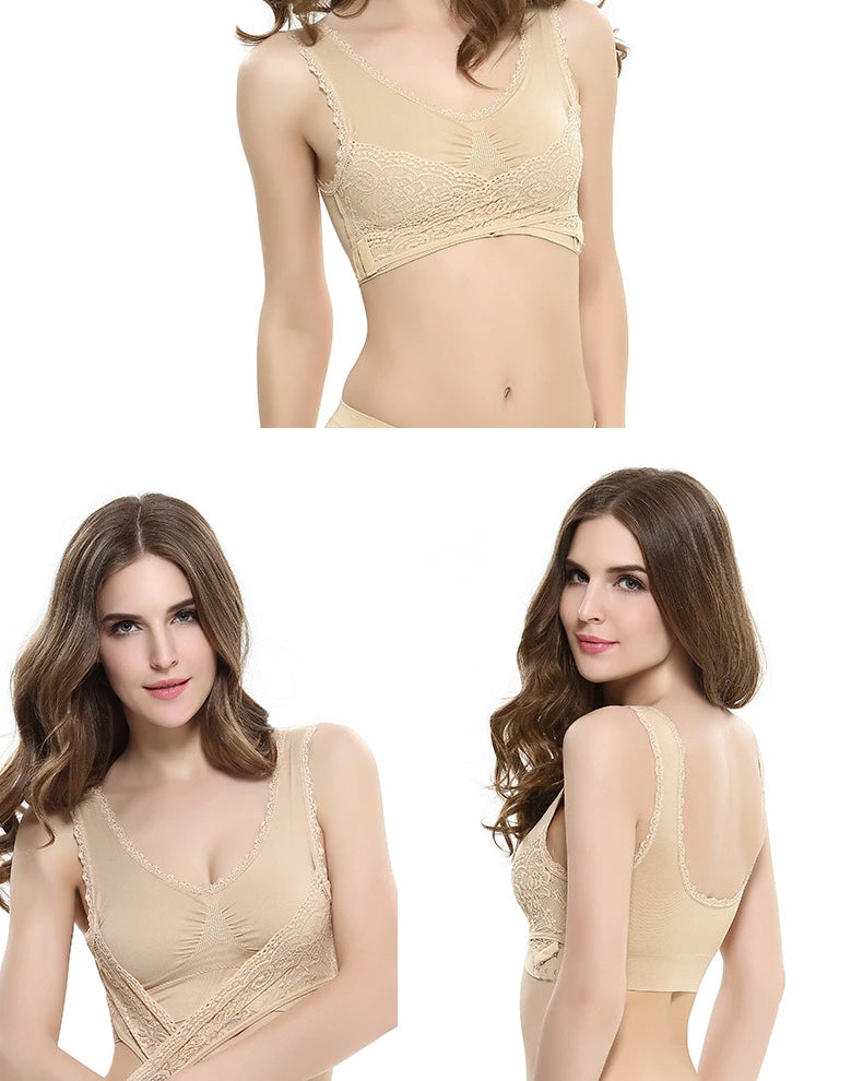 Women's Front Cross Buckle Lace Bra – Wire-Free, Full Coverage & Adjustable for Yoga & Everyday Wear