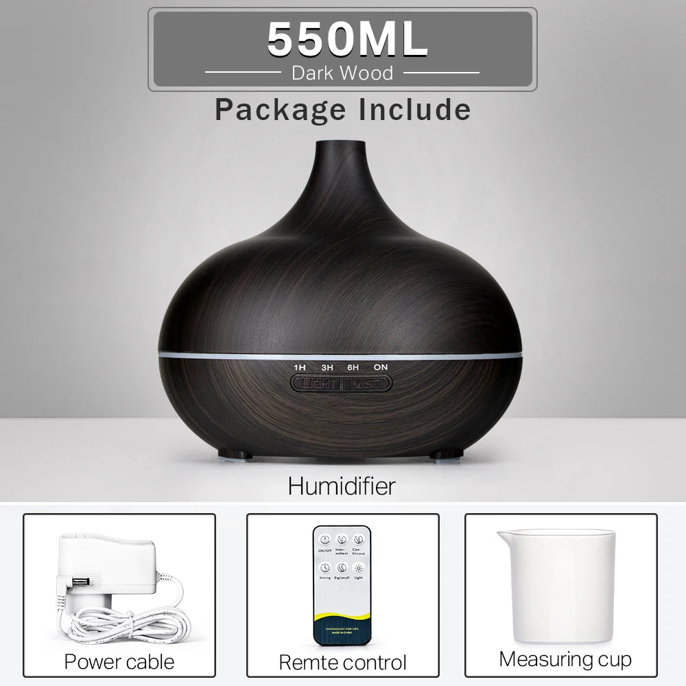 Aromatherapy Essential Oil Diffuser Wood Grain Remote Control Ultrasonic Air Humidifier Cool with 7 Color LED Light