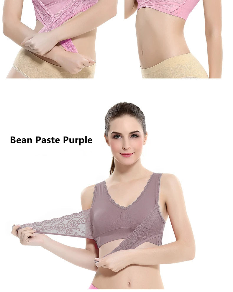 Women's Front Cross Buckle Lace Bra – Wire-Free, Full Coverage & Adjustable for Yoga & Everyday Wear