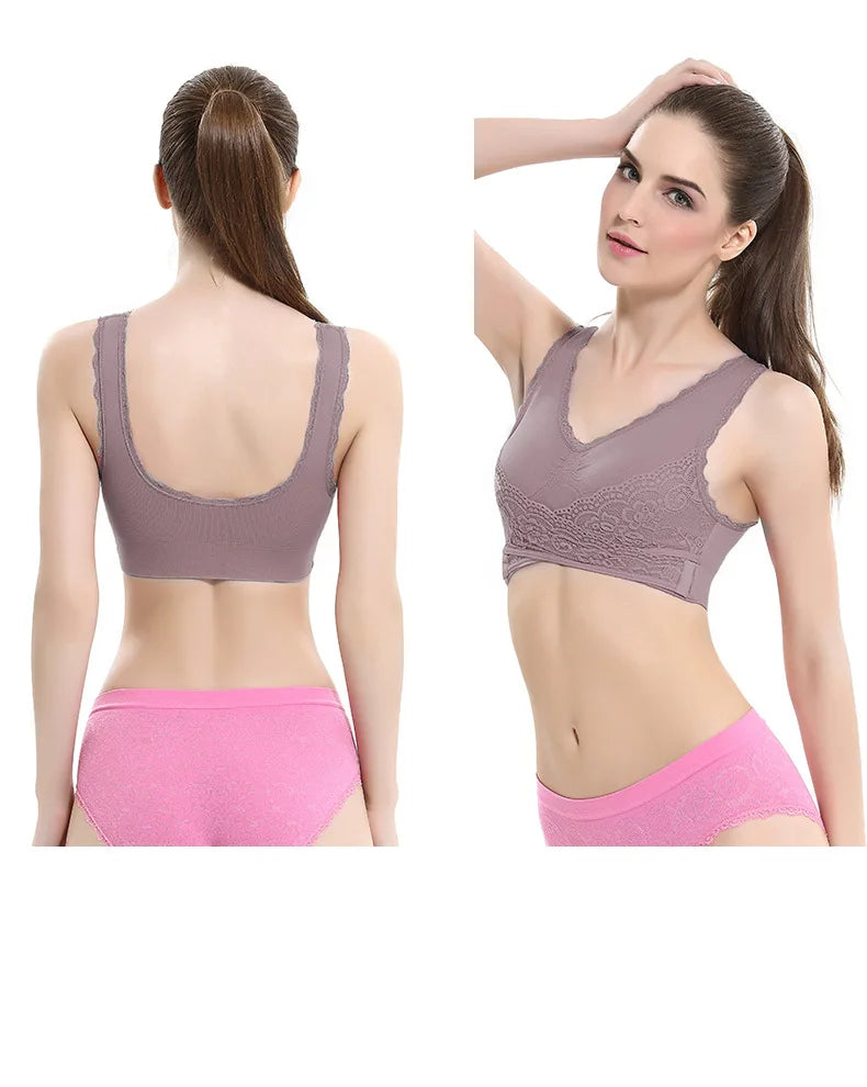 Women's Front Cross Buckle Lace Bra – Wire-Free, Full Coverage & Adjustable for Yoga & Everyday Wear