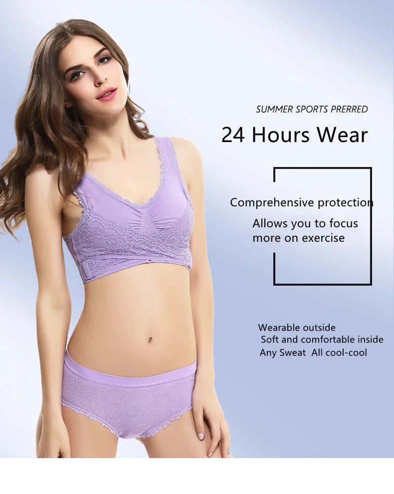 Women's Front Cross Buckle Lace Bra – Wire-Free, Full Coverage & Adjustable for Yoga & Everyday Wear