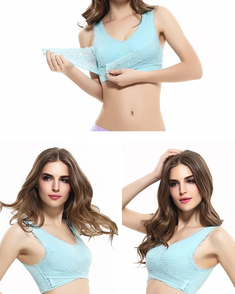 Women's Front Cross Buckle Lace Bra – Wire-Free, Full Coverage & Adjustable for Yoga & Everyday Wear