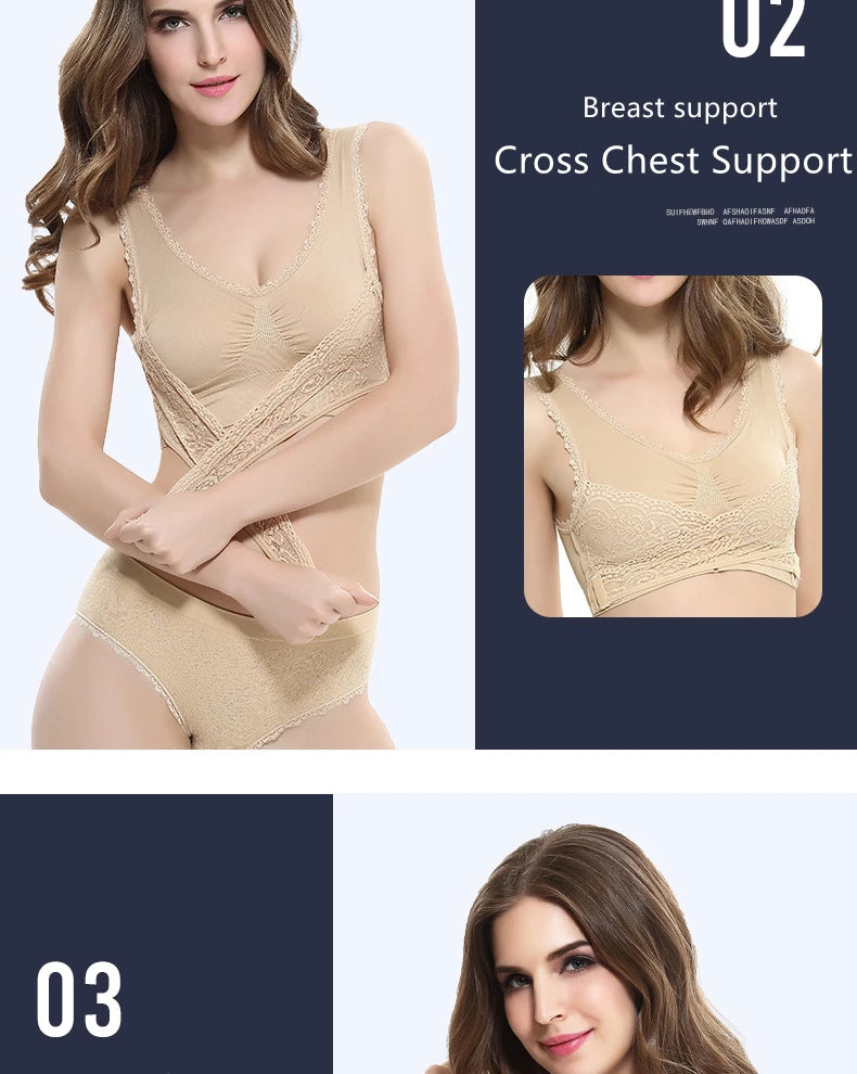 Women's Front Cross Buckle Lace Bra – Wire-Free, Full Coverage & Adjustable for Yoga & Everyday Wear