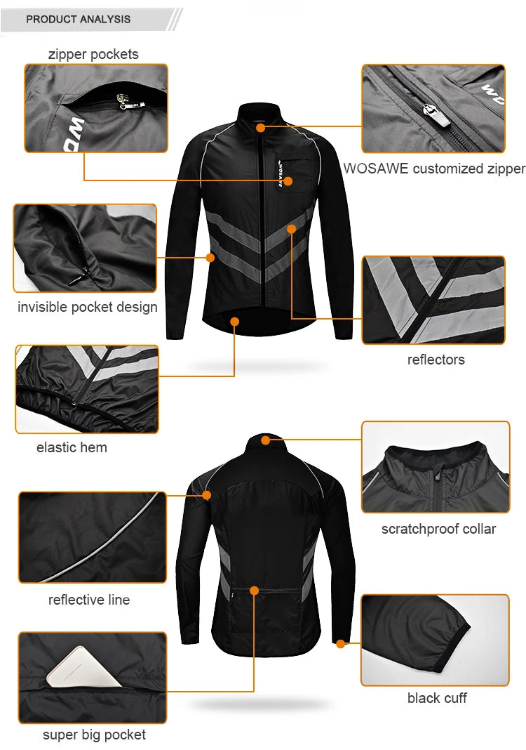 WOSAWE Ultralight Men's Cycling Windbreaker Reflective Jacket Windproof Bike Jacket Water Resistant MTB Road Bicycle Long Jersey