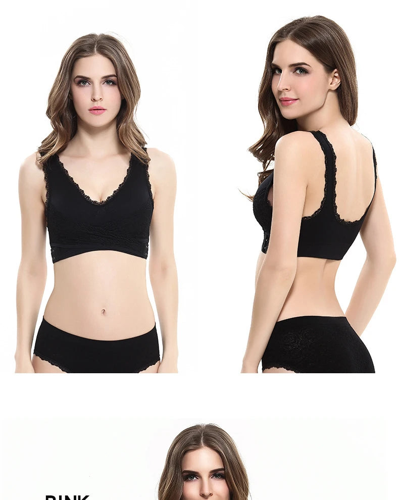 Women's Front Cross Buckle Lace Bra – Wire-Free, Full Coverage & Adjustable for Yoga & Everyday Wear