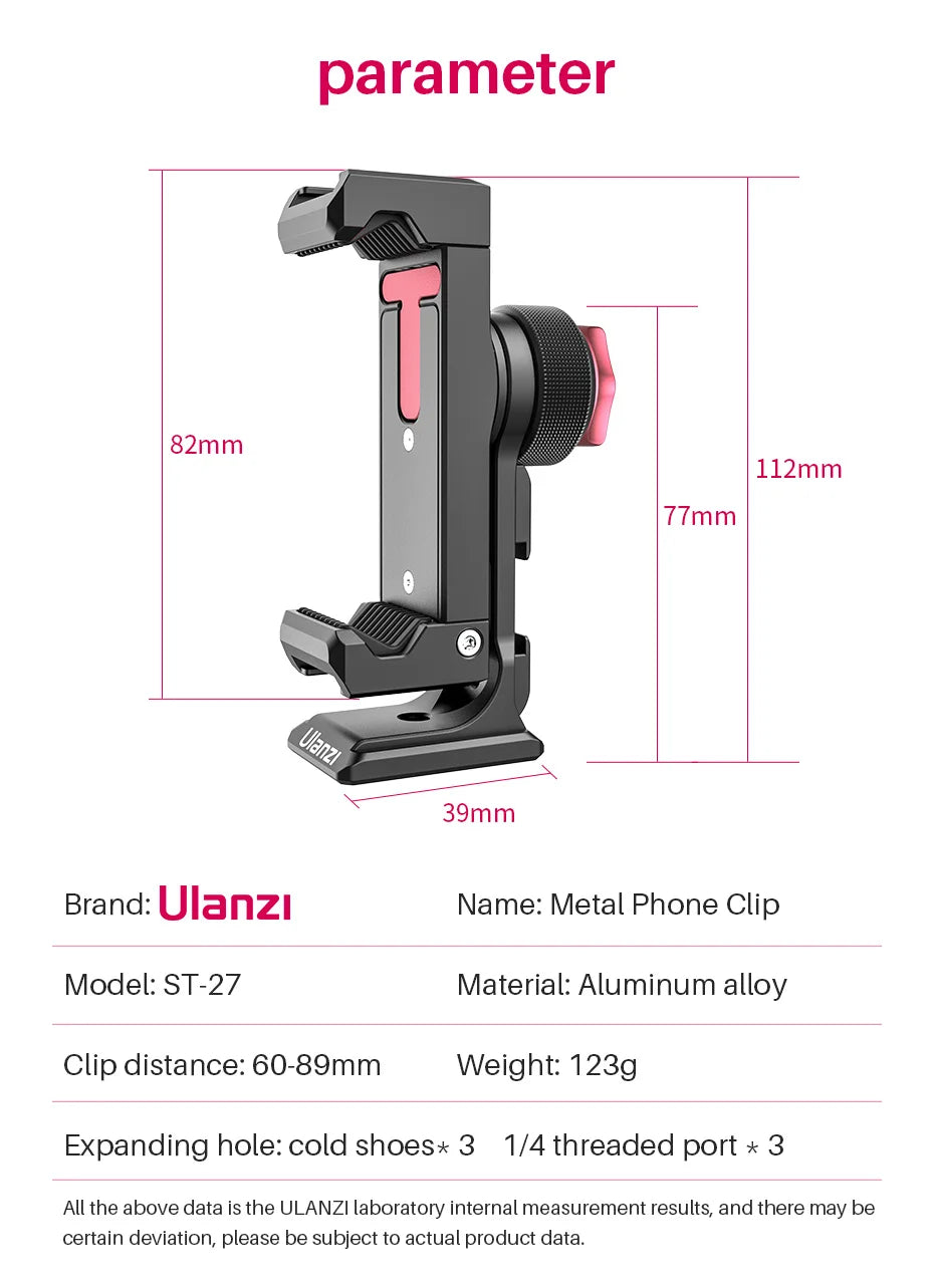 Ulanzi ST-27 Metal Phone Holder Clamp With Cold Shoe Arca 360°Rotatable tripod Mount Clip for TikTok Vlog Photography