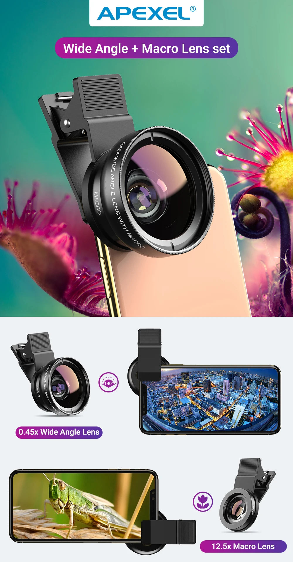 APEXEL 2-in-1 Phone Camera Lens – 0.45x Wide + 12.5x Macro