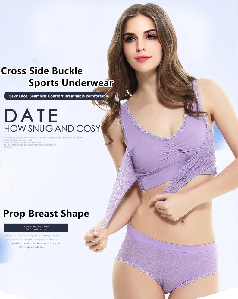 Women's Front Cross Buckle Lace Bra – Wire-Free, Full Coverage & Adjustable for Yoga & Everyday Wear