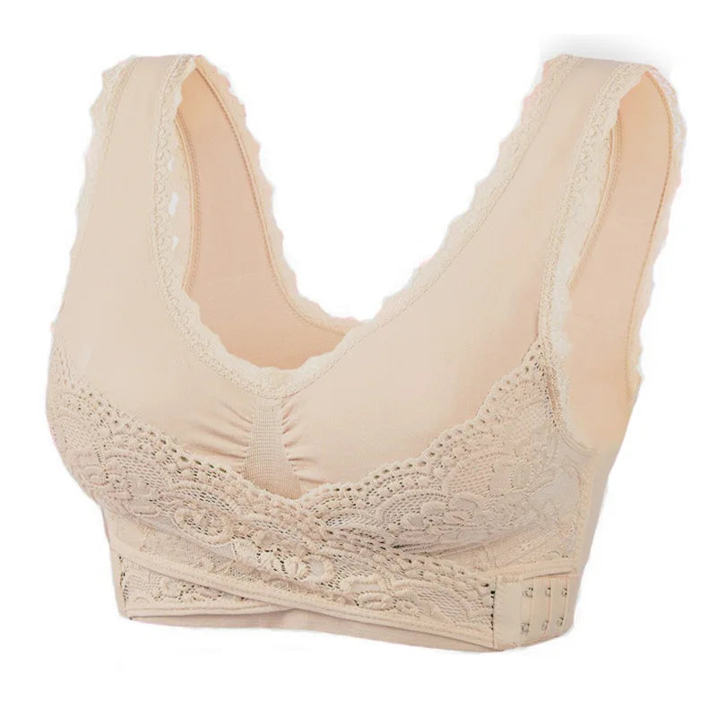 Women's Front Cross Buckle Lace Bra – Wire-Free, Full Coverage & Adjustable for Yoga & Everyday Wear