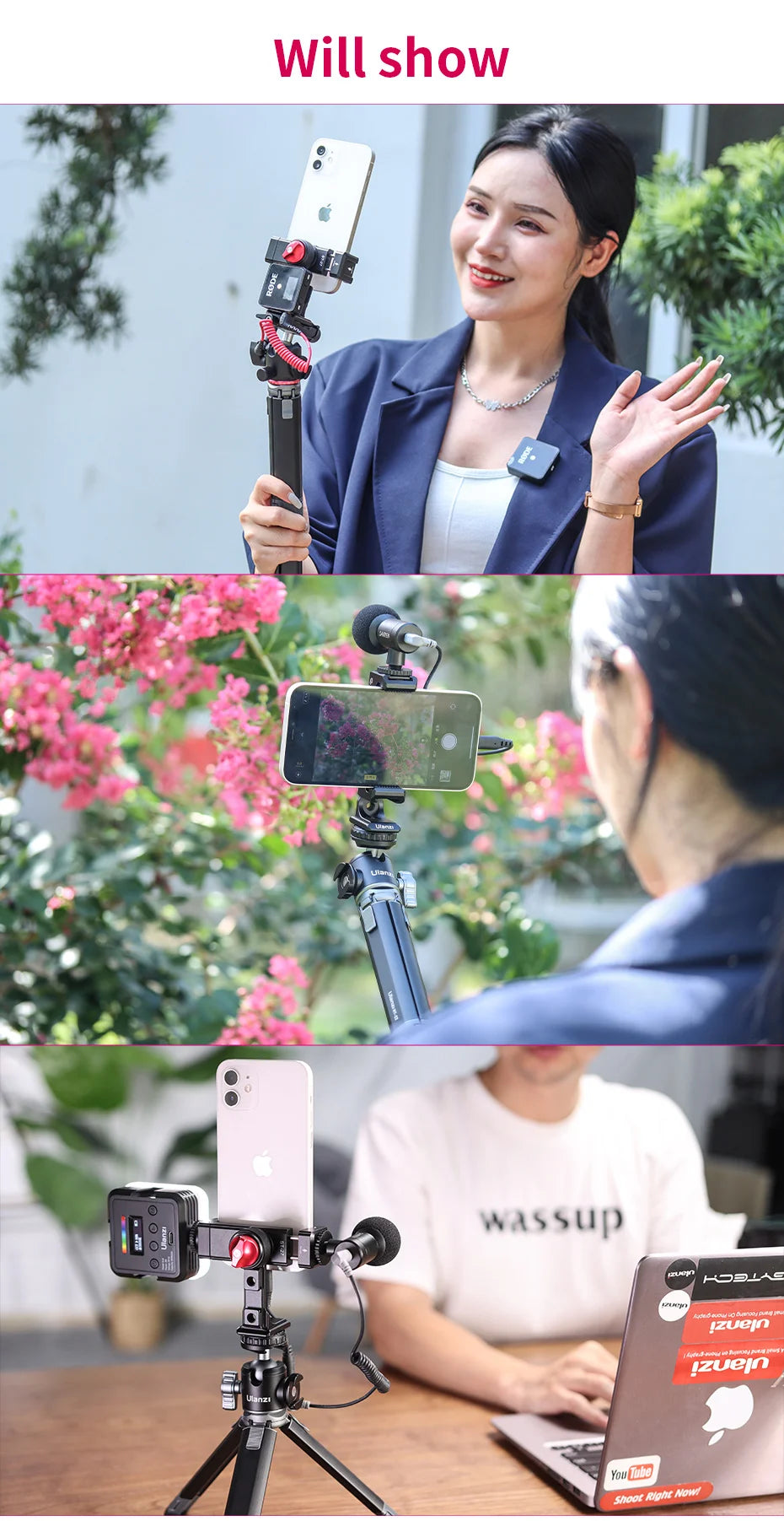 Ulanzi ST-27 Metal Phone Holder Clamp With Cold Shoe Arca 360°Rotatable tripod Mount Clip for TikTok Vlog Photography