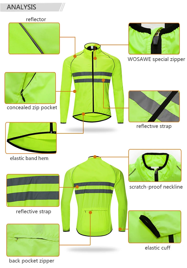 WOSAWE Ultralight Men's Cycling Windbreaker Reflective Jacket Windproof Bike Jacket Water Resistant MTB Road Bicycle Long Jersey