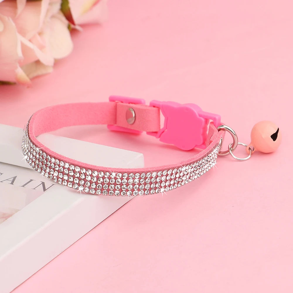 Bling Suede Cat Collar – Rhinestone Bell, Soft & Safe