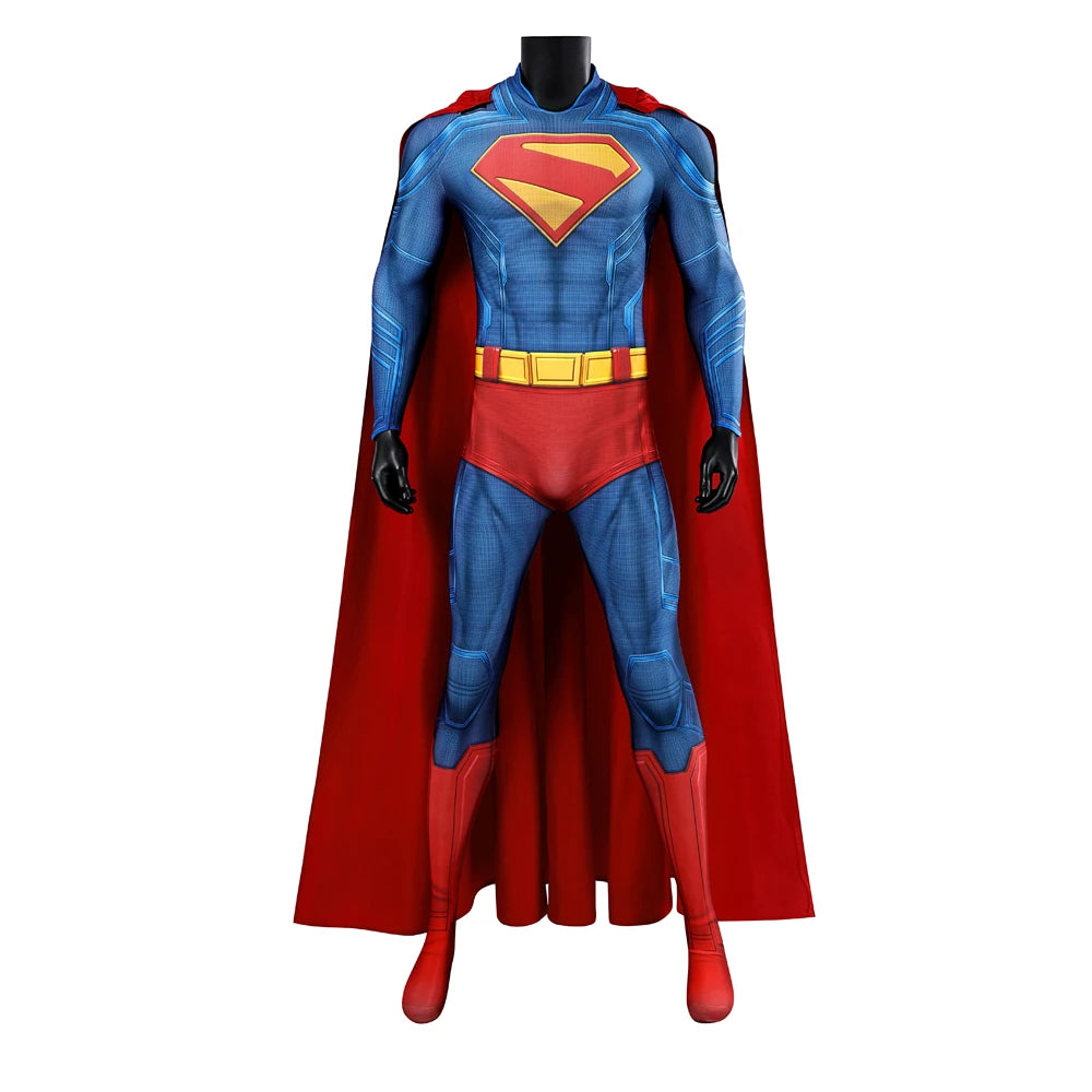 Hero Zentai Man Clark Kent Disguise Super High Quality Halloween Cosplay Costume Bodysuit with Red Cloak 3D Printed Kent Outfit