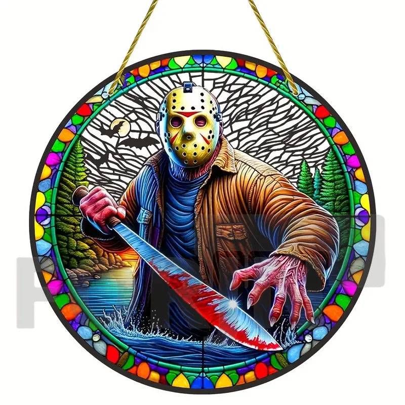 Horror Theme Stained Window Hanging Sun Catcher,Round Acrylic Translucent Sign,Halloween Decor for House,bar,Porch,Patio Garden