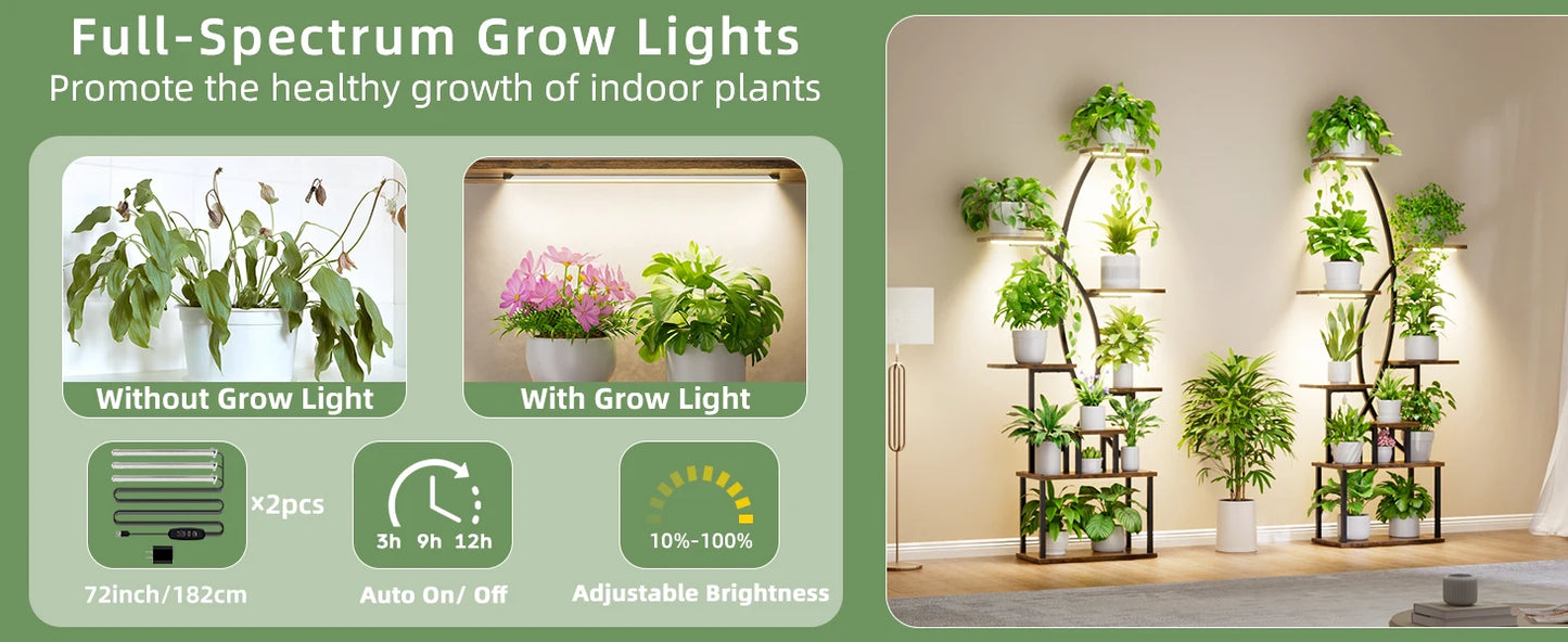 8-Tier Indoor Plant Stand with Grow Lights – Tall Metal Shelf for Corners & Living Rooms, Space-Saving Display Rack for Multiple Plants