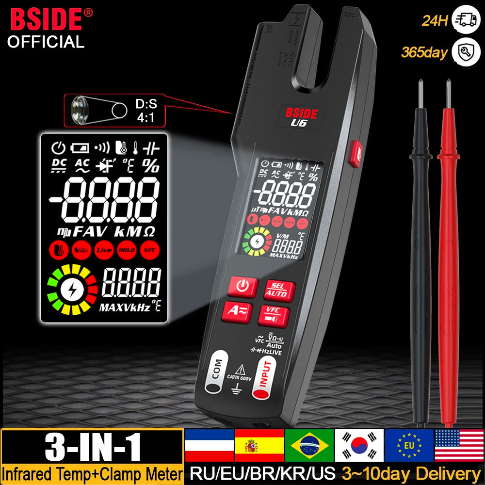 BSIDE Professional Digital Clamp Meter U6 Fork 600A Ammeter Pliers T-RMS DC AC Current OpenJaw Electrical Tester Auto Multimeter