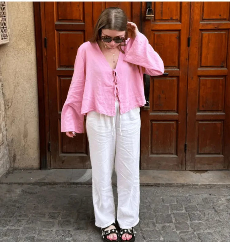 Spring 2025 V-Neck Lace-Up Linen Blouse – Casual Loose Fit