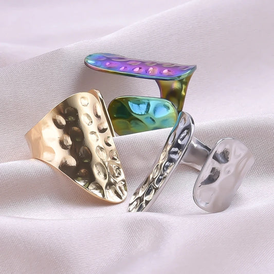 1Pc Stainless Steel Waterproof Women Personality Textured Chunky Open Rings Vintage Hollow Irregular Multi-layer Anillos Jewelry