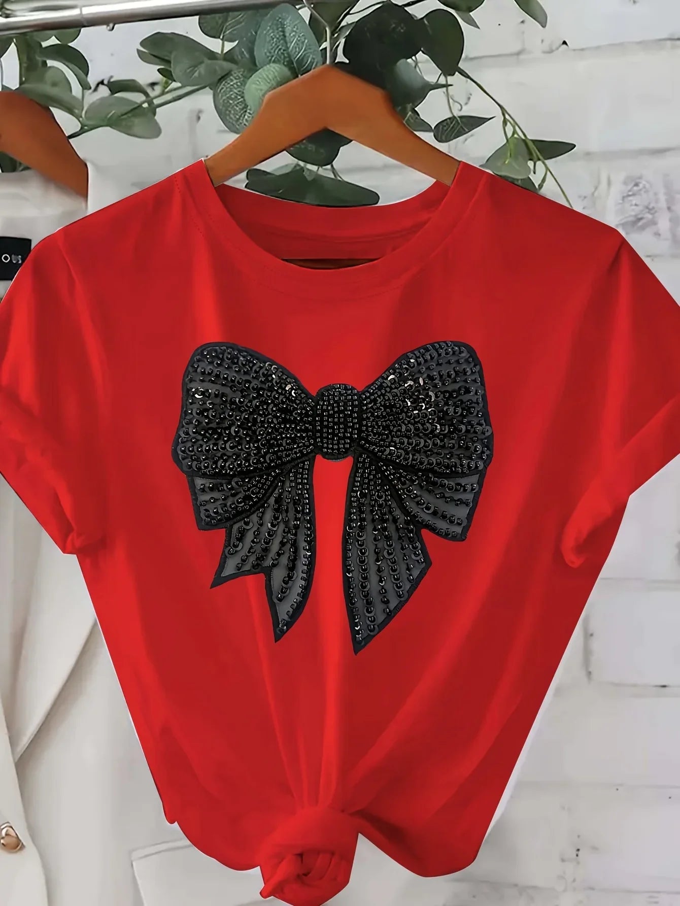 Women’s Black Rhinestone Bow Tee – Casual Short Sleeve Top