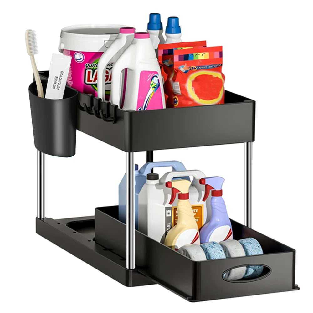 2-Tier Under Sink Organizer with Sliding Drawers & Hooks