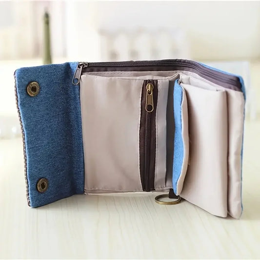 Women's Handmade Fold Fabric Wallet Simple Color Contrast Short Zipper Purses Cartoon Coin Purse Card Holder Key Organizer