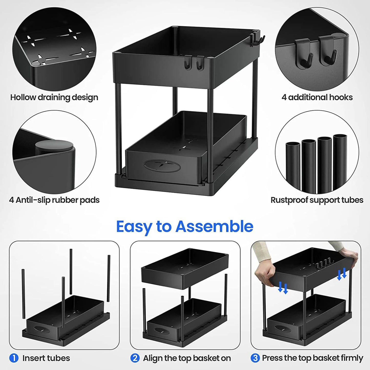 2-Tier Under Sink Organizer with Sliding Drawers & Hooks