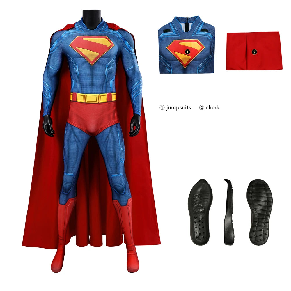 Hero Zentai Man Clark Kent Disguise Super High Quality Halloween Cosplay Costume Bodysuit with Red Cloak 3D Printed Kent Outfit
