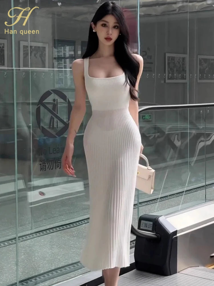 White Sleeveless Knit Midi Dress – Summer Party Style