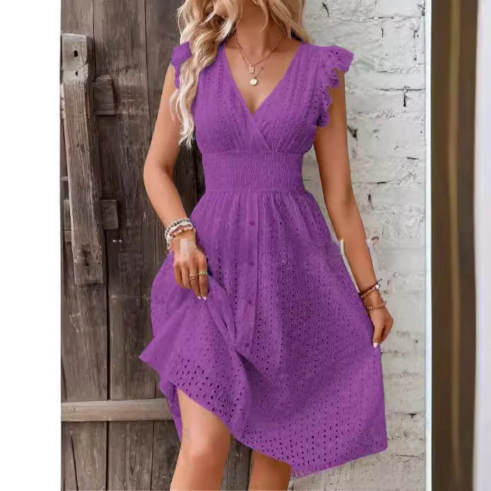 White Lace V-Neck A-Line Mini Dress – Elegant Summer Beachwear