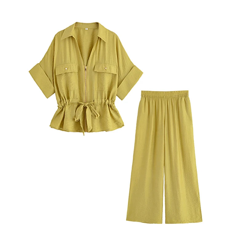 Women’s Summer 2-Piece Set – Loose Shirt & High-Waist Pants