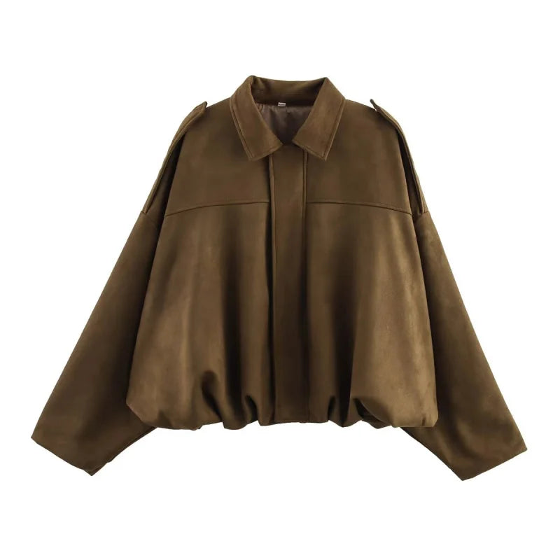 Women’s Suede-Texture Bomber Jacket – Casual Lapel Zip Coat | ETJ
