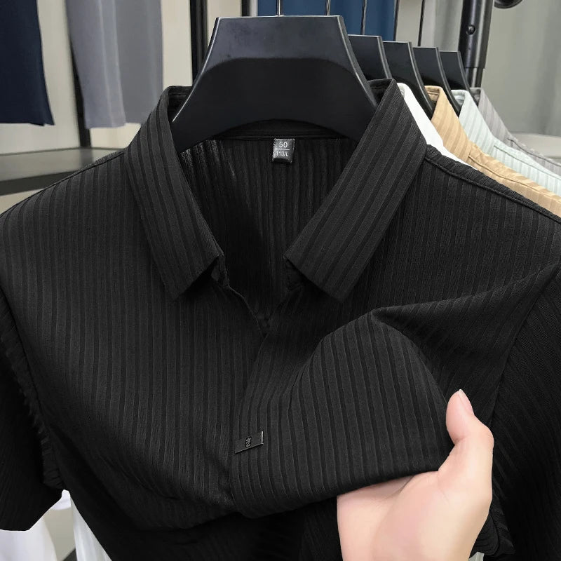 Men’s Breathable Ice Silk Stripe Polo Shirt – Summer Casual
