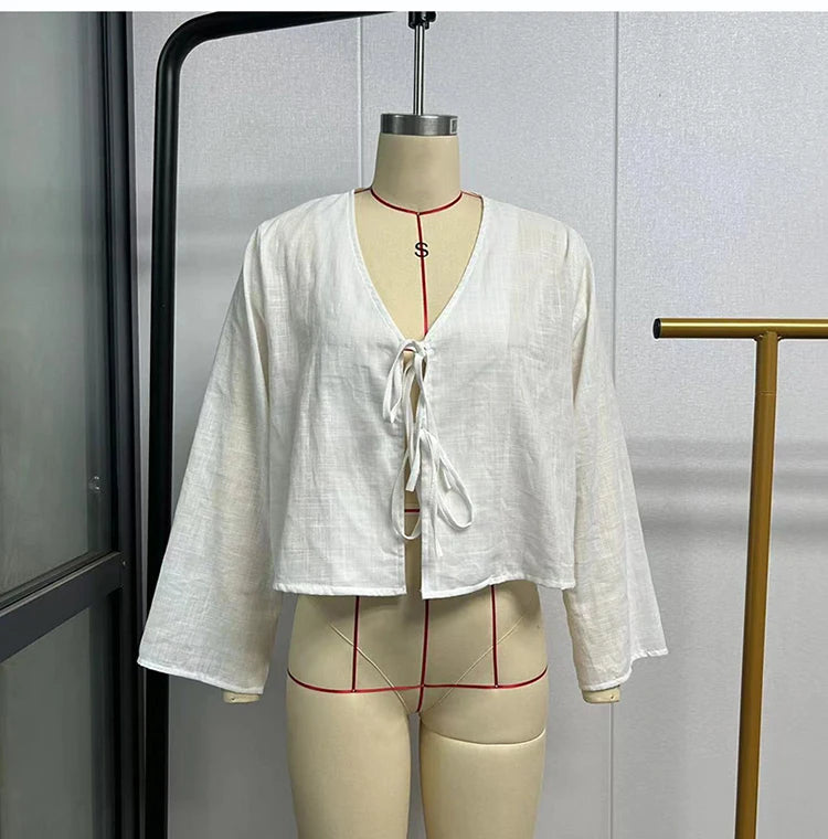 Spring 2025 V-Neck Lace-Up Linen Blouse – Casual Loose Fit