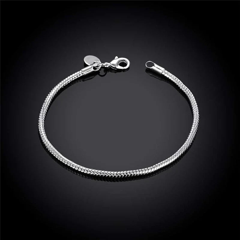 925 Sterling Silver 3mm Snake Chain 8 inches Basis Bracelet For Woman Charm Wedding Engagement Fashion Party Jewelry