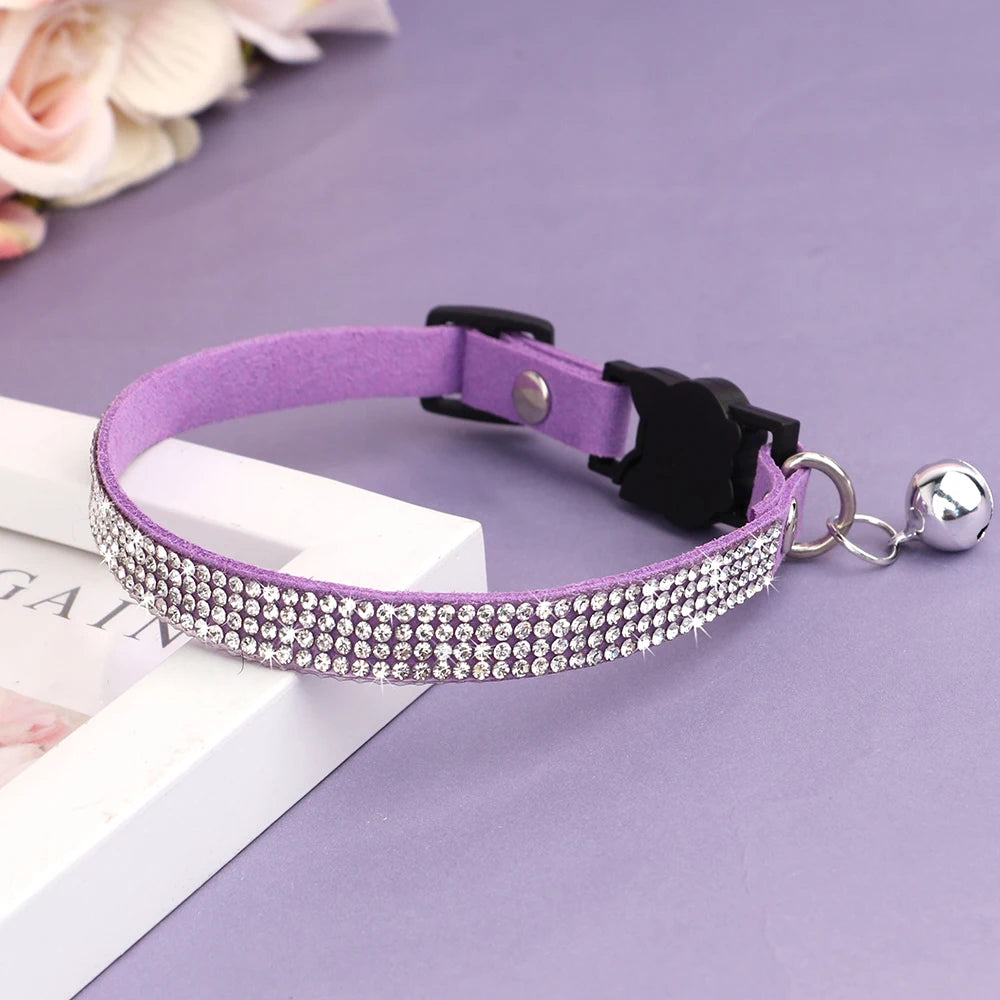 Bling Suede Cat Collar – Rhinestone Bell, Soft & Safe